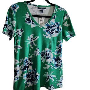 Women’s Karen Scott Small, Verde Green/Blue, Vneck, Flora, short sleeve …